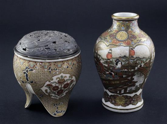 A Japanese Satsuma pottery tripod koro and a similar baluster vase, Meiji period, 13cm. (2)